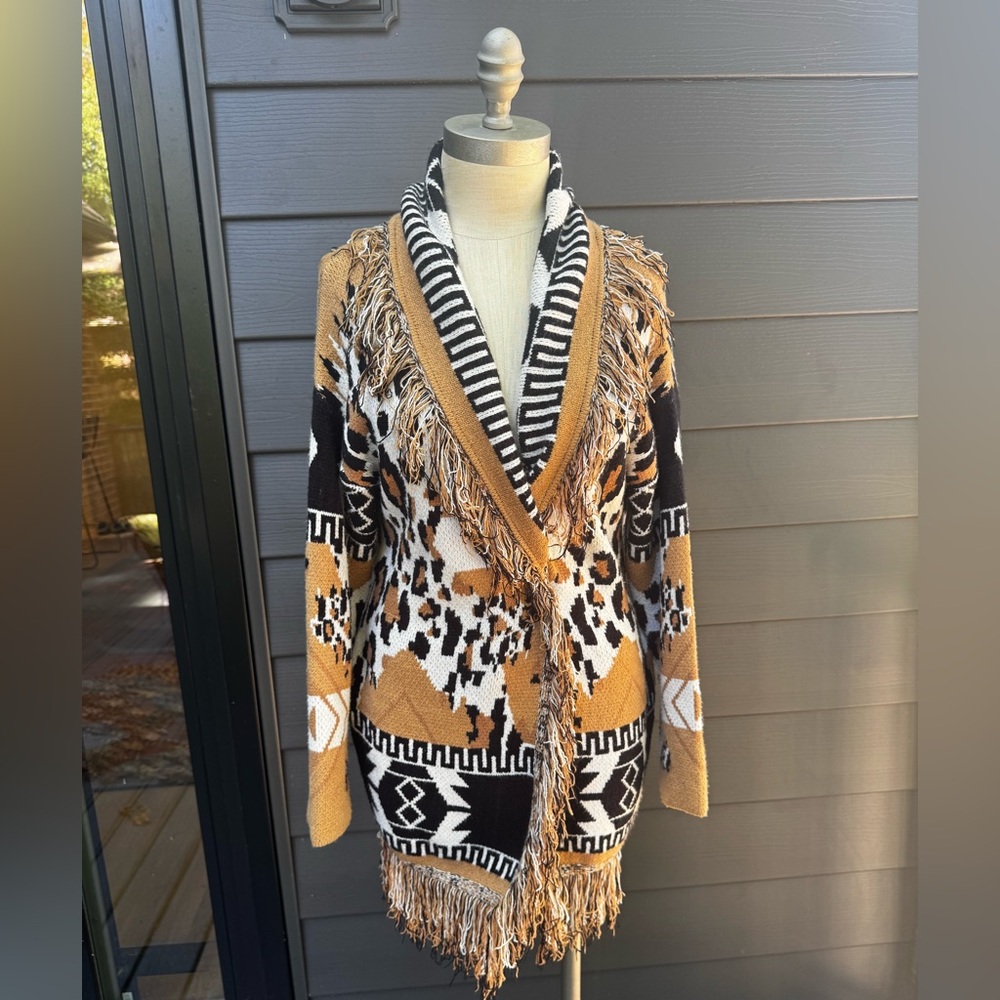 Rain + Rose Jacquard Fringe Cardigan w/ Belt | Tribal Animal Print | Sz Medium